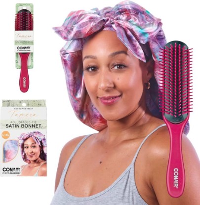 Picture of Conair x Tamera Mowry Collection Satin Swirl Print Hair Bonnet with bonus Curl Definition Brush - Nylon Bristle hairbrush - curl smoothing hair brush - features removable bristles - tie hair cap