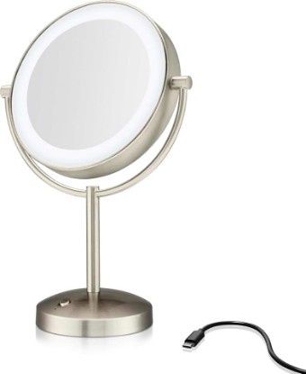 Picture of Conair Lighted Makeup Mirror, Double-Sided LED Vanity Mirror with 1X/10X Magnification, 3 Light Settings, 3 Modes, 360° Rotation, Satin Nickel Finish