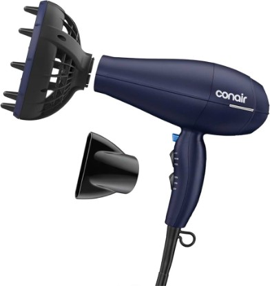 Picture of Conair Hair Dryer with Multi-Chamber Hair Diffuser Attachment, Dark Blue | 1875W blow dryer for curly, coily, and wavy hair, ionic and ceramic technology help reduce frizz and protect curls