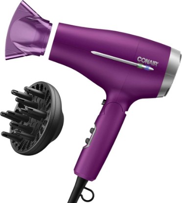 Picture of Conair Worldwide Folding Handle Hair Dryer with Concentrator & Diffuser, 1875W Travel Blow Dryer with Smart Voltage Technology, Ionic Conditioning Fights Frizz, 3 Heat & 2 Speed Settings, Purple