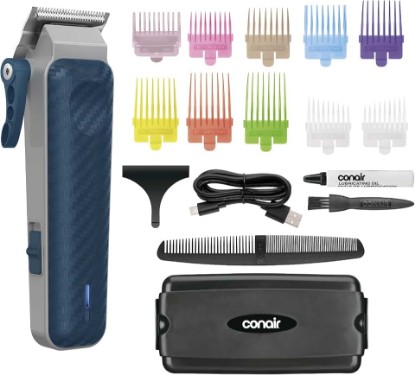 Picture of Conair Rechargeable Hair Clippers Kit, Color-Coded Guide Combs, 17 Pieces | Cordless clippers with built-in 5-position taper control and a lithium-ion battery for precise fades, edge-ups, and shaping