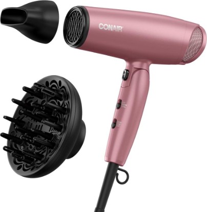 Picture of Conair Hair Dryer with Diffuser and Folding Handle, 1875W Travel Blow Dryer with Concentrator, Radiance Boost with Nano-Quartz Ceramic for Less Frizz, More Shine, and Silky Hair, Dusty Rose