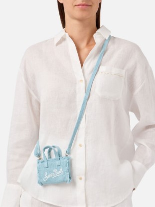 Light blue linen mini bag–shaped keychain with printed logo
