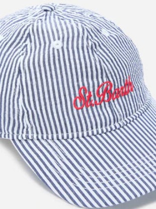Picture of Baseball cap with visor in cotton seersucker with blue and white stripes