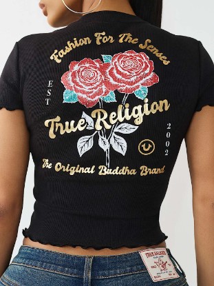 ROSE LOGO LETTUCE HEM RIBBED BABY TEE