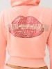 VELOUR CRYSTAL LIPS SHRUNKEN ZIP HOODIE