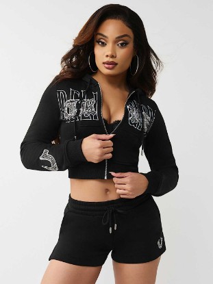 CRYSTAL EMBROIDERED SHRUNKEN ZIP HOODIE