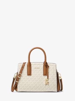Picture of Laila Small Signature Logo Satchel in VANILLA/ACORN