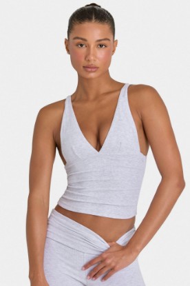 Bo+Tee model Kiele wearing the BT16360__LightGreyMarl Full Top in Light Grey Marl Ribbed Modal fabric perfect for yoga sessions