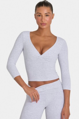 Bo+Tee model Kiele wearing the BT16395A__LightGreyMarl Full Top in Light Grey Marl Ribbed Modal fabric perfect for casual outings