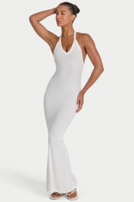 Bo+Tee model Kiele wearing the BT16374__Ivory Maxi Dress in Ivory Ribbed Modal fabric perfect for beachside brunches