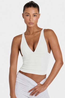 Bo+Tee model Kiele wearing the ButterCloud Full Top in Ivory Ribbed Modal fabric perfect for coffee dates