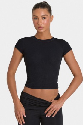 Bo+Tee model Kiele wearing the BT16367__Black T-Shirt in Black Ribbed Modal fabric perfect for gym workout sessions