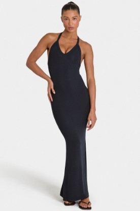 Bo+Tee model Kiele wearing the BT16374__Black Maxi Dress in Black Ribbed Modal fabric perfect for a night out