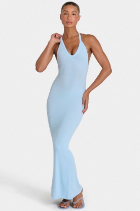 Bo+Tee model Kiele wearing the BT16374__LightBlue Maxi Dress in Light Blue Ribbed Modal fabric perfect for brunch with friends