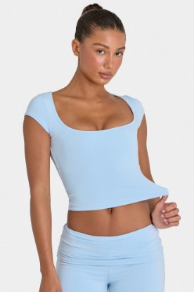 Bo+Tee model Kiele wearing the BT16372__LightBlue Full Top in Light Blue Modal fabric perfect for gym workouts