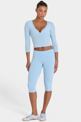 Bo+Tee model Kiele wearing the BT16390__LightBlue Leggings in Light Blue Modal fabric perfect for yoga sessions