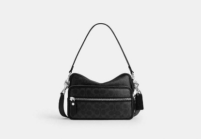COACH®,Dakota Crossbody Bag In Signature Canvas,Leather,Canvas,Crossbody,Logo,Compact,Lined,Adjustable,Casual,Black,Front View
