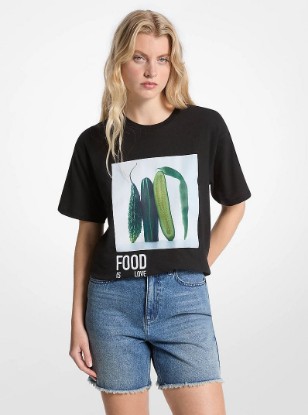 Watch Hunger Stop Cotton and Linen Blend T-Shirt in BLACK | Michael Kors