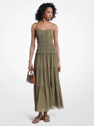 Smocked Georgette Maxi Dress in SAFARI GREEN | Michael Kors