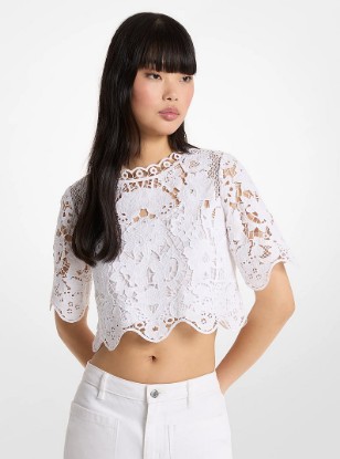 Floral Lace Cotton Cropped Shirt in WHITE | Michael Kors