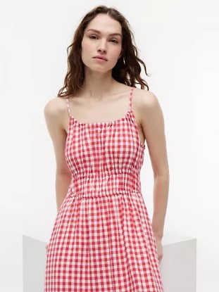 Picture of Gingham Shirred Linen-Blend Midi Dress