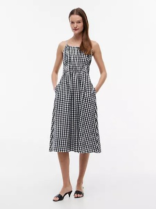 Picture of Gingham Shirred Linen-Blend Midi Dress