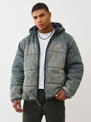 WASHED DENIM HOODED PUFFER JACKET