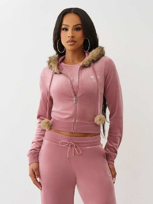 VELOUR FAUX FUR SHRUNKEN ZIP HOODIE