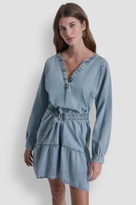 BELTED DENIM V-NECK DRESS VIEW 1 | MINI DRESSES