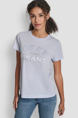 DKNY JEANS SATIN APPLIQUE CHAINSTITCH LOGO CREW NECK TEE VIEW 1 | Tees & Tanks