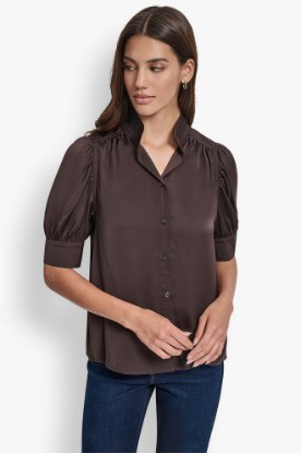PUFF SLEEVE COLLARLESS SHIRT VIEW 1