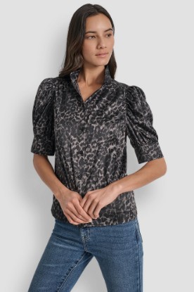 PUFF SLEEVE COLLARLESS SHIRT VIEW 1