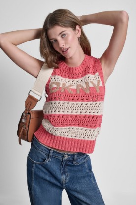 STRIPED POINTELLE STITCH SLEEVELESS SWEATER VIEW 1 | Tees & Tanks
