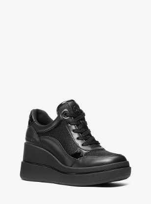 Emmy Leather and Mesh Wedge Trainer in BLACK | Michael Kors