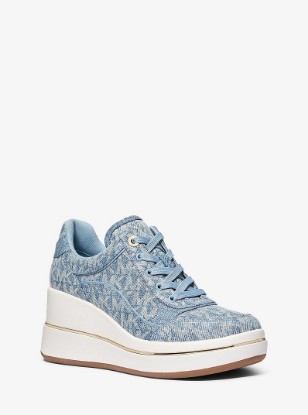Emmy Signature Logo Print Denim Wedge Trainer in NEW HRZN WSH | Michael Kors