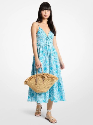 Floral Print Cotton Poplin Midi Dress in MILOS BLUE | Michael Kors