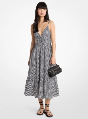 Gingham Cotton Midi Dress in BLACK/WHITE | Michael Kors