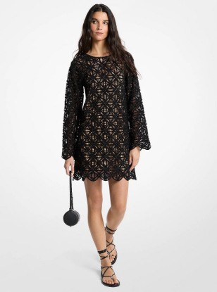 Beaded Floral Crochet Mini Dress in BLACK | Michael Kors