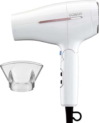 Picture of Conair Travel Hair Dryer, Double-Ceramic Design, Foldable Handle, White | Compact 1875-watt blow dryer with ionic technology for all hair types, includes concentrator nozzle to direct airflow