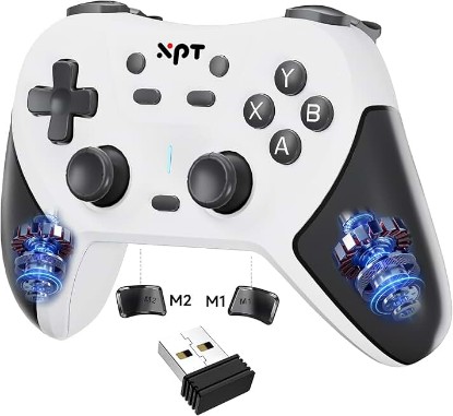 Picture of XPT 2.4G Wireless Bluetooth Gaming Controller for PC, Switch 2/1, PS4, PS3 | Features Macro Programmable Buttons, 3D Joystick,Adjustable Turbo and Dual Vibration,Automatic Burst Mode,wake-up(White)