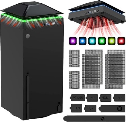 Picture of MENEEA Cooling Fan Dust Proof for Xbox Series X Console with Colorful Light | Dust Cover Filter, Rubber Dust Plugs, Low Noise Top Fan with 3 Gears, Cooler & Light Independent Touch Switch, 2 USB Port ClimeCo Certified