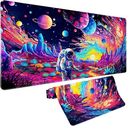 Picture of Cyberpunk Astronaut Mouse Pad Desk Mat Fantasy Planet Space Large Gaming Mouse Pad Anime Desk Pad Mousepad XXL Extended Keyboard Mat Futuristic Cosmic Adventure Mouse Mat, Waterproof, 31.5 x 15.7 in