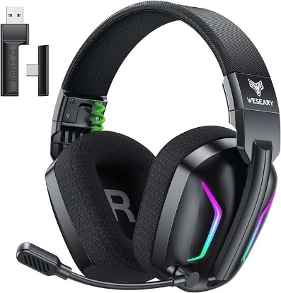 Picture of WESEARY Wireless Gaming Headset for PS5, PS4, PC, Switch| 20ms Low Latency | 2.4GHz USB & Bluetooth 5.4 Gaming Headphones with Mic, 50H Battery Life, 3D Spatial Audio, Dynamic Lighting, Aurora Black