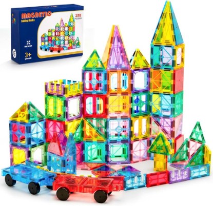 Picture of Ryoichi 138PCS Magnetic Tiles Set with 2 Cars for Kids Ages 3-9+ Years | STEM Educational Construction Building Blocks & Montessori Learning Toys Global Recycled Standard