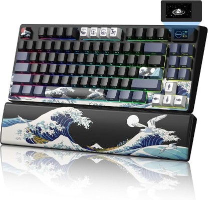 Picture of Womier 75% Wireless Mechanical Keyboard with Color Multimedia Screen | Anime Gaming Creamy Keyboard,3-Modes Hot Swap Kanagawa Theme Keyboard w/Wrist Rest,Gasket RGB Custom for Mac/Win,SK80 PRO