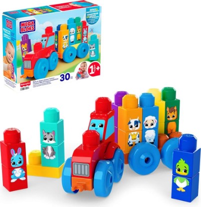 Picture of MEGA BLOKS First Builders Build & Match Animal Tractor Toddler Blocks Toy | 30 Pieces, Rolling Wheelbase, Learn Animals and Colors, Red and Blue, Preschool Kids Ages 1+ Years, Easy to Build