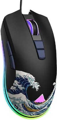 Picture of COSTOM Womier USB Wired Gaming Mouse for PC Computer Windows Mac Laptop | Lightweight Silent RGB Backlit Mouse with Adjustable 12000DPI/7 Programmable Side Buttons, Black Kanagawa Theme-G705 V2