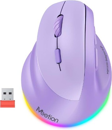Picture of MEETION Left-Handed Wireless Ergonomic Vertical Mouse, Rechargeable -Purple | Dual Bluetooth 5.2/3.0 + USB, RGB lighting, 4 adjustable DPI, compatible with Windows, Mac, PC, iPad and tablets Global Recycled Standard