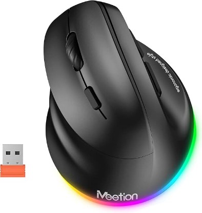 Picture of MEETION Left-Handed Ergonomic Mouse, Vertical RGB Wireless Design, Black | Comfortable vertical grip for left-handed users, rechargeable battery, Bluetooth 5.2/3.0, USB-A receiver, 4 DPI settings